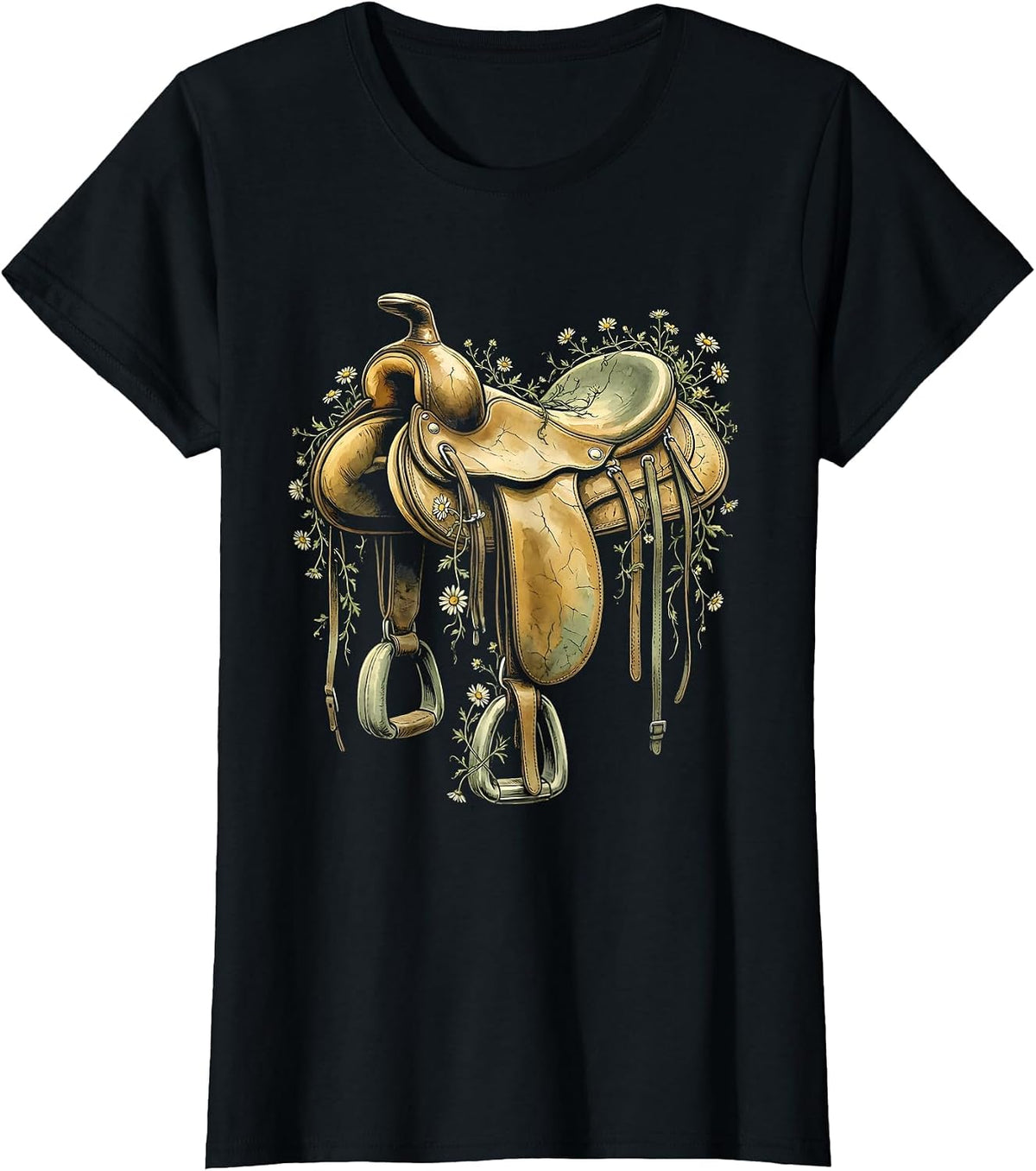 Western Saddle Wildflower Vines Floral Boho Design T-Shirt - Black