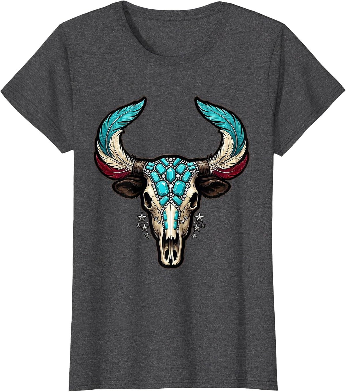 Women's Turquoise and Feather Cow Skull Cowgirl Design T-Shirt - Dark Heather Grey