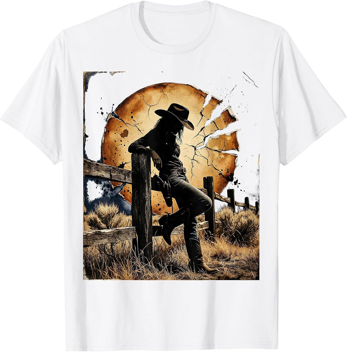 Men's Cowgirl Leaning on Fence Sunset Rodeo Design T-Shirt - White