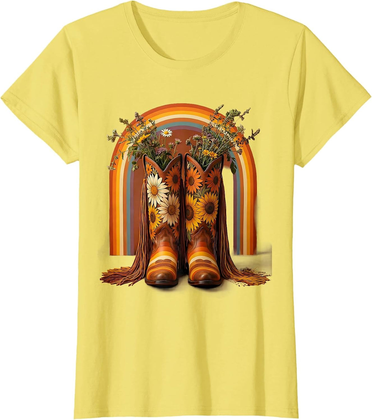 Women's Cowgirl Boots Wildflowers and Fringe Western Design T-Shirt - Lemon Yellow