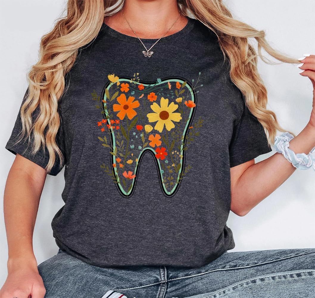 Floral Tooth Shirt V Neck Dental Assistant Shirt Dental Shirts for Women Funny Floral Graphic Tees Tops - size chart