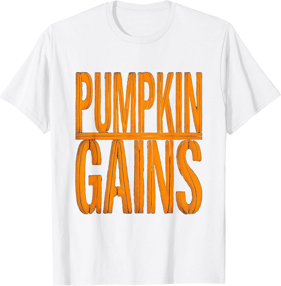 Men's Pumpkin Gains Funny Halloween Gym Workout Lifting Pun T-Shirt - White