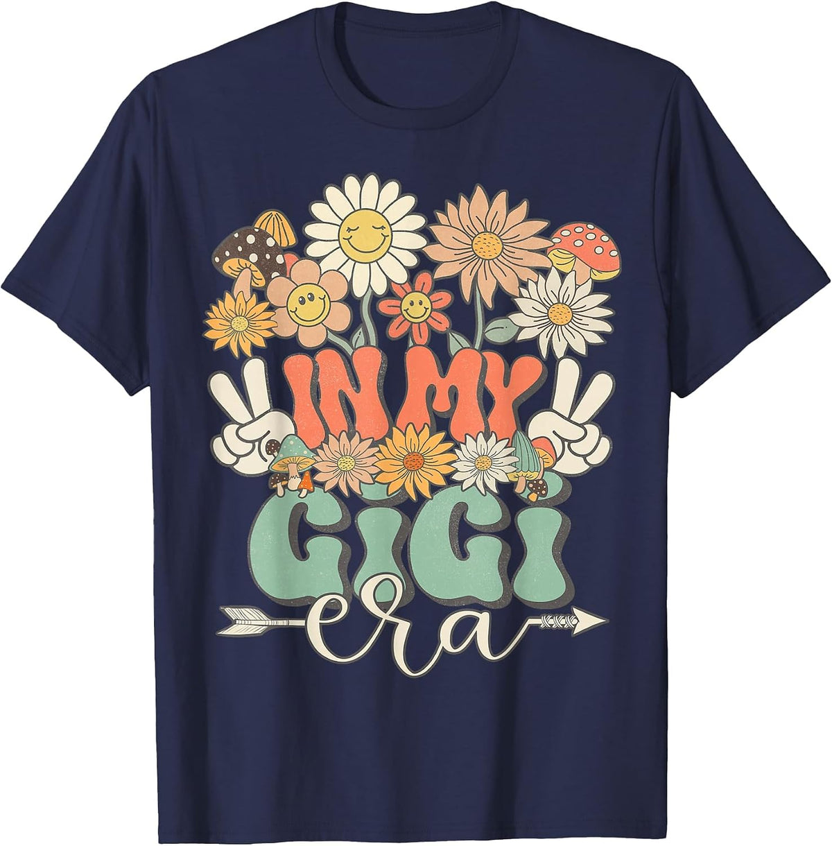 in My Gigi Era Floral Hippie Groovy Retro Matching Family T-Shirt - Navy Blue
