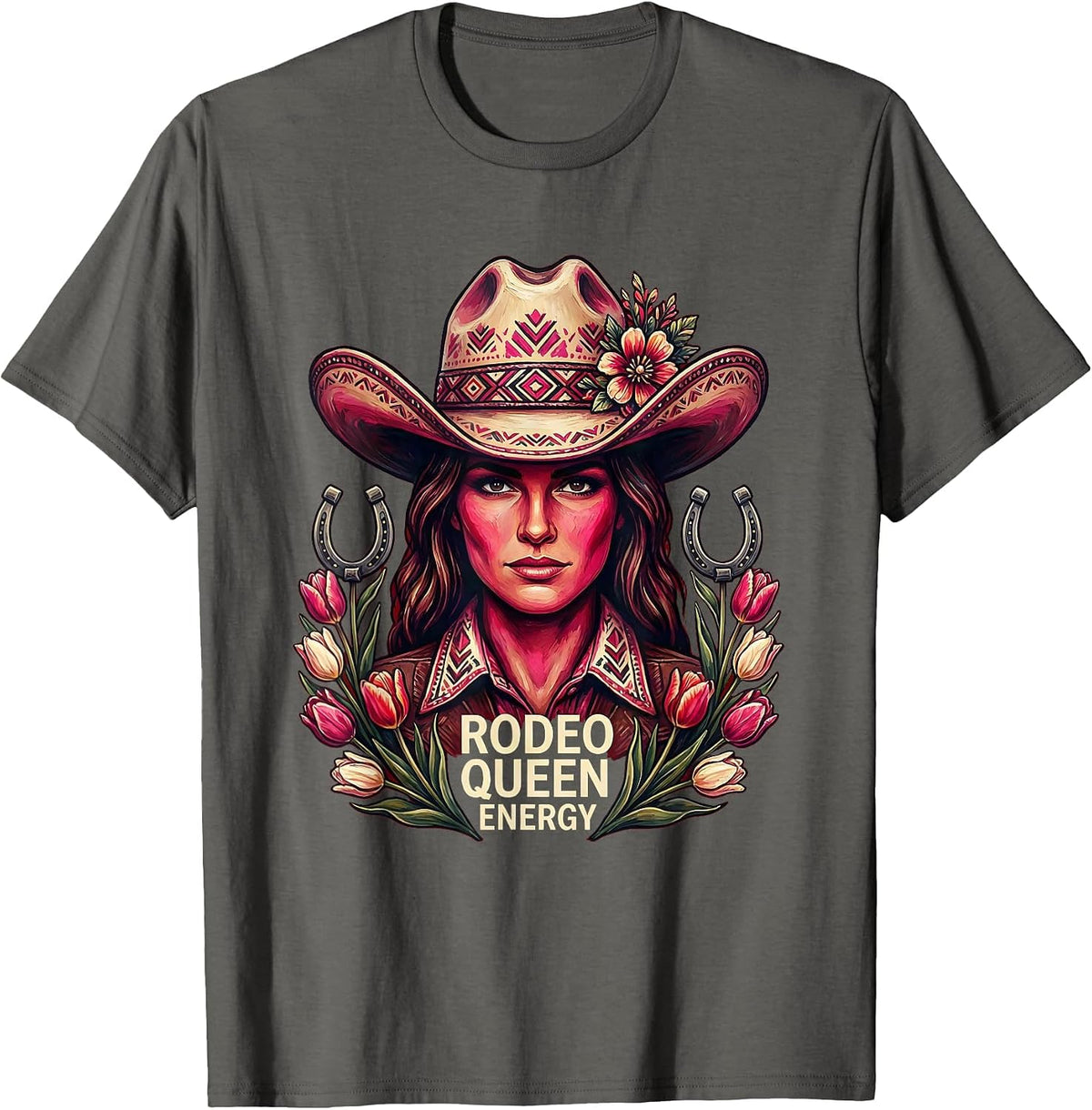 Rodeo Queen Energy Pink Cowgirl Design T-Shirt - Asphalt Grey