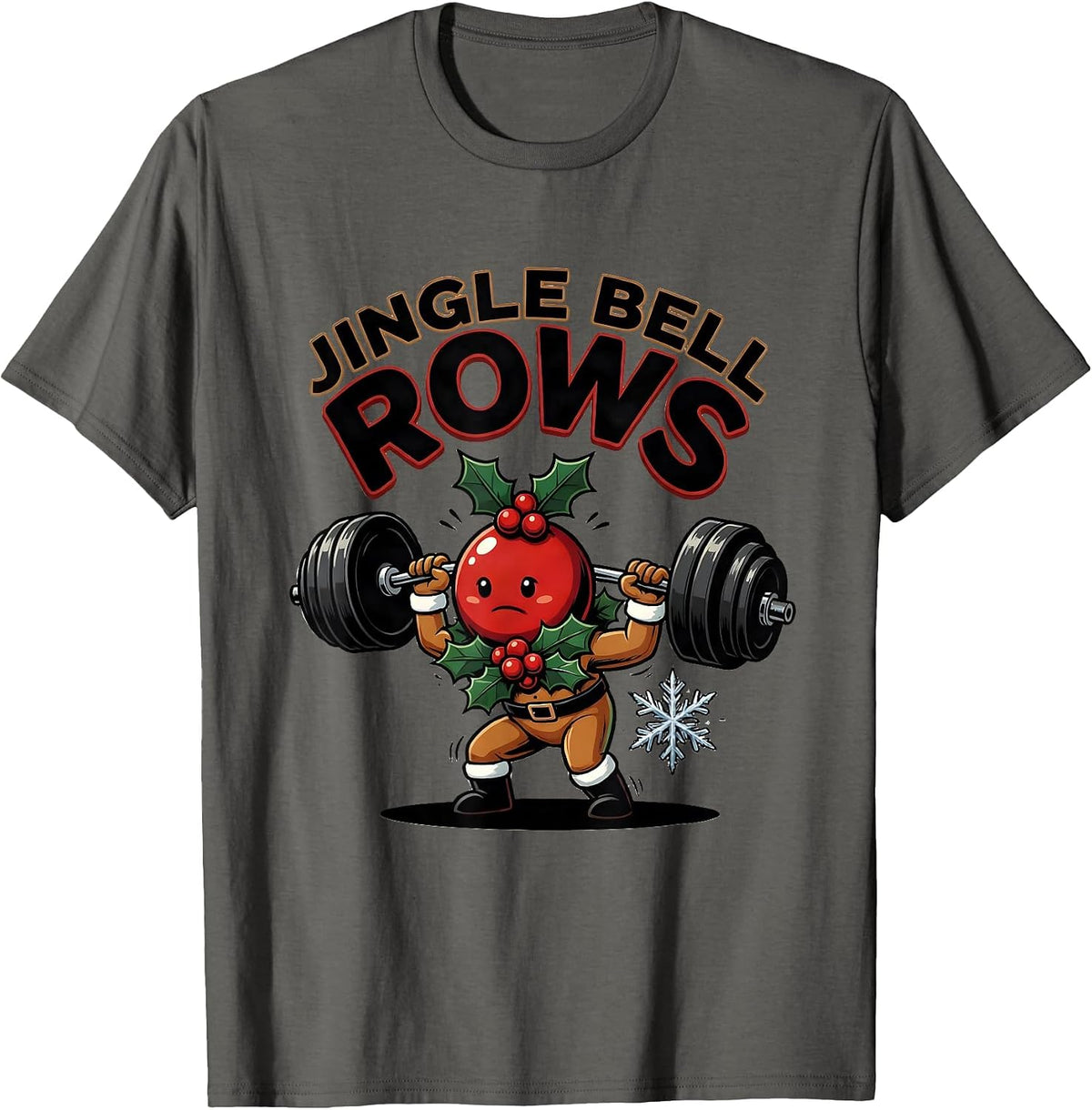 Men's Jingle Bell Rows Funny Christmas Gym Workout Weightlifting T-Shirt - Asphalt Grey