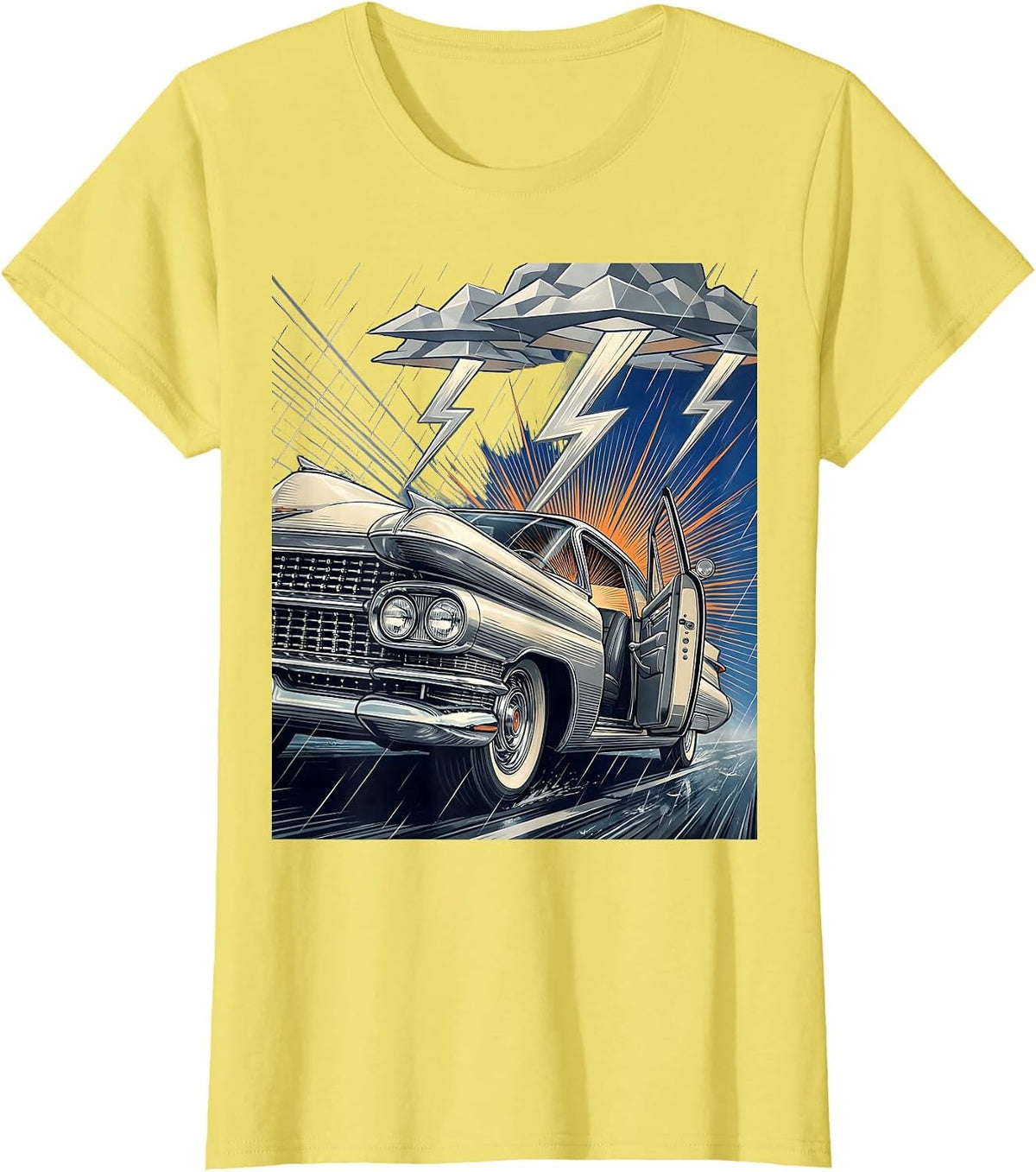 Car Door Open in Thunderstorm Graphic Tee T-Shirt - Lemon Yellow