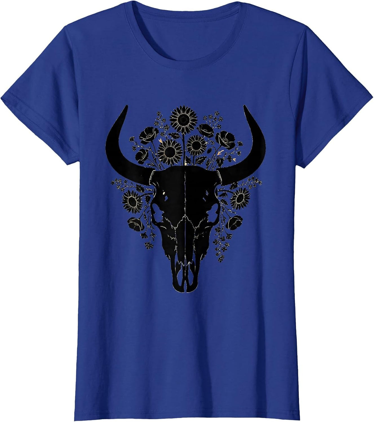 Women's Bull Skull Wildflowers Western Boho Graphic Tee T-Shirt - Royal Blue
