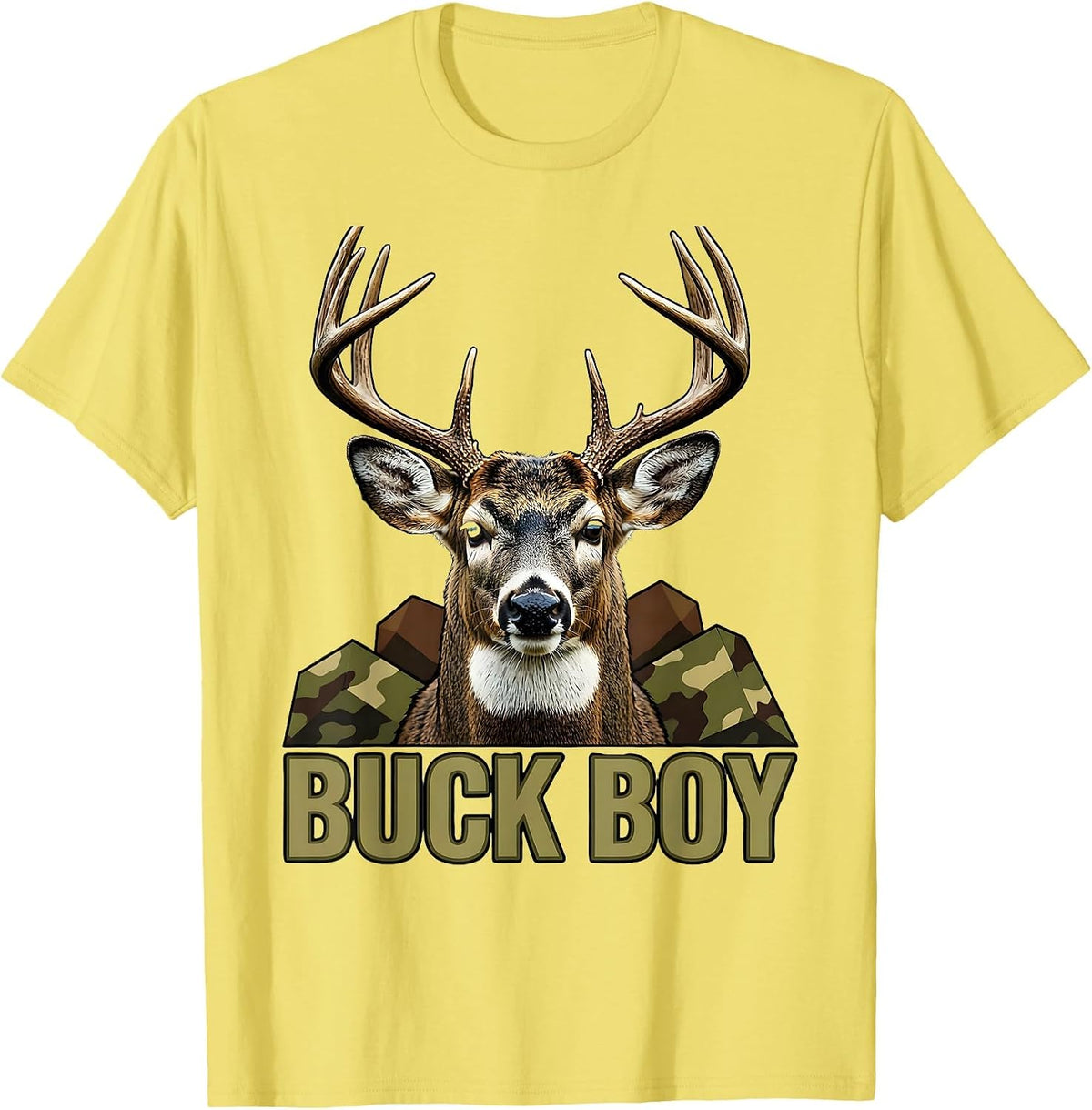 Men's Buck Boy Screenprint Camo Deer Hunting Youth Humor T-Shirt - Lemon Yellow