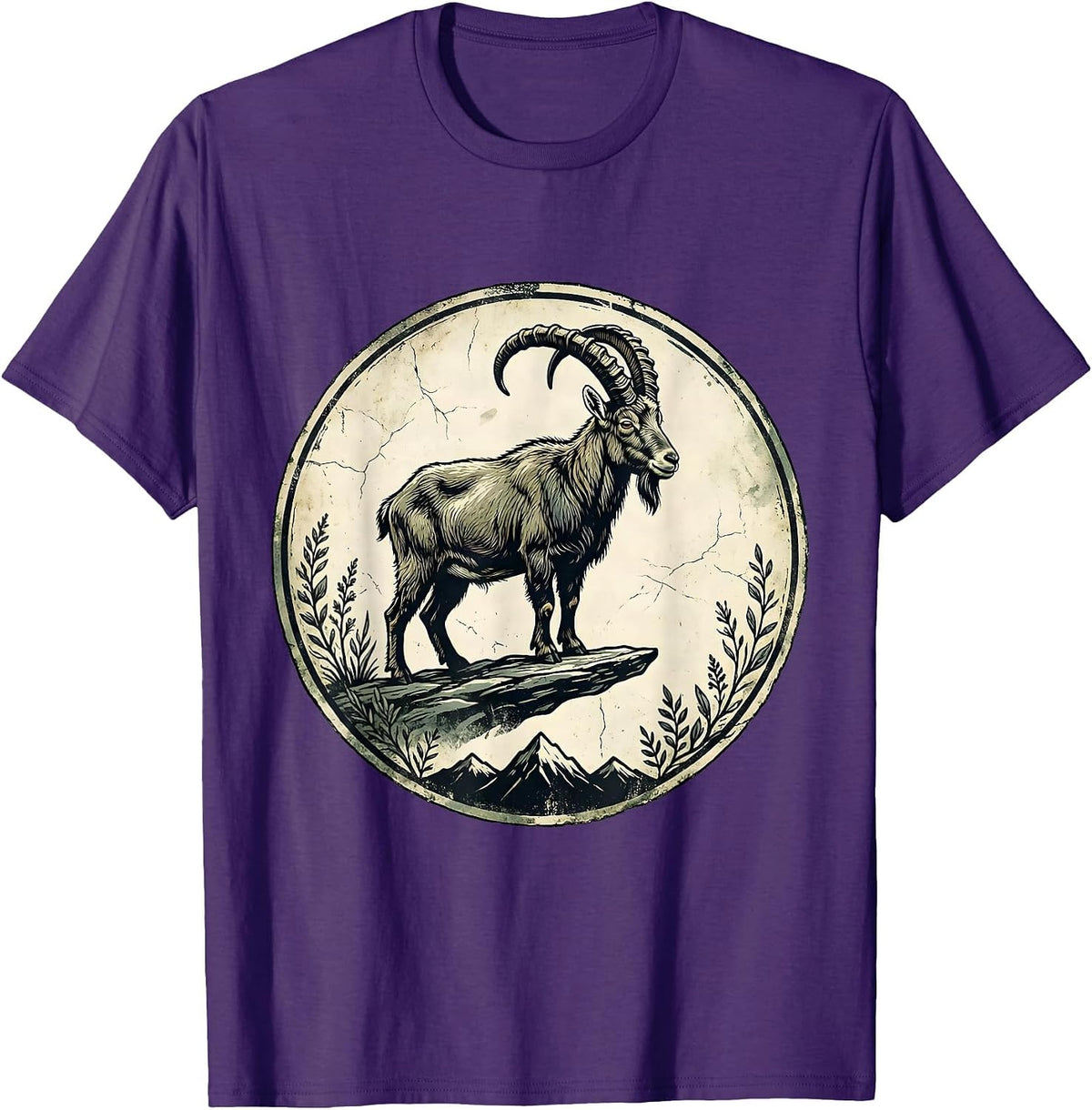Men's Mountain Goat on Narrow Ledge Wildlife Illustration T-Shirt - Purple