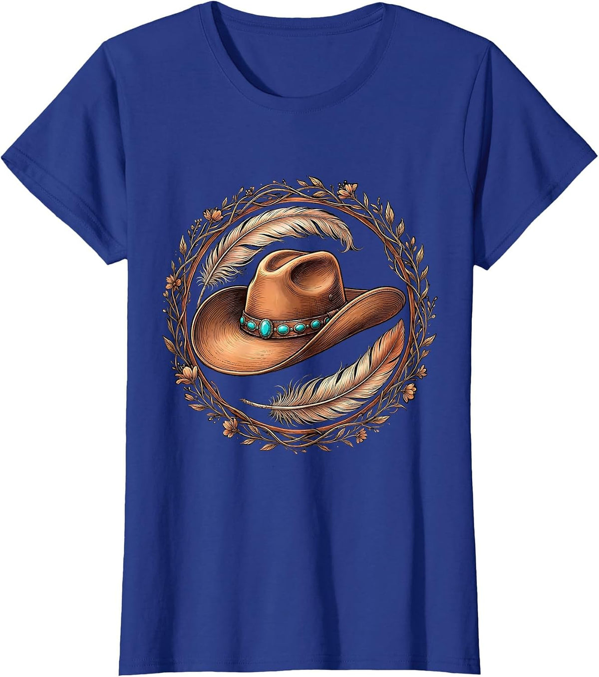 Women's Cowgirl Hat Feathers and Turquoise Gems Western T-Shirt - Royal Blue