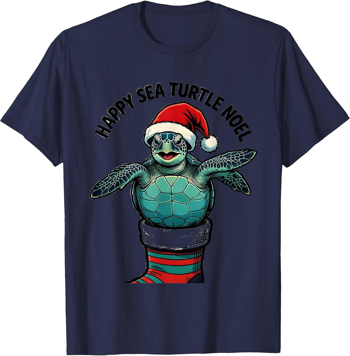 Happy Sea Turtle Noel Cartoon Sea Turtle Lover Christmas T-Shirt - Navy Blue