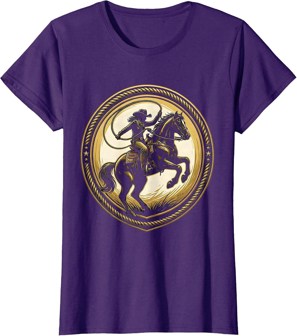 Women's Cowgirl Rope Trick Horseback Western Rodeo Art T-Shirt - Purple