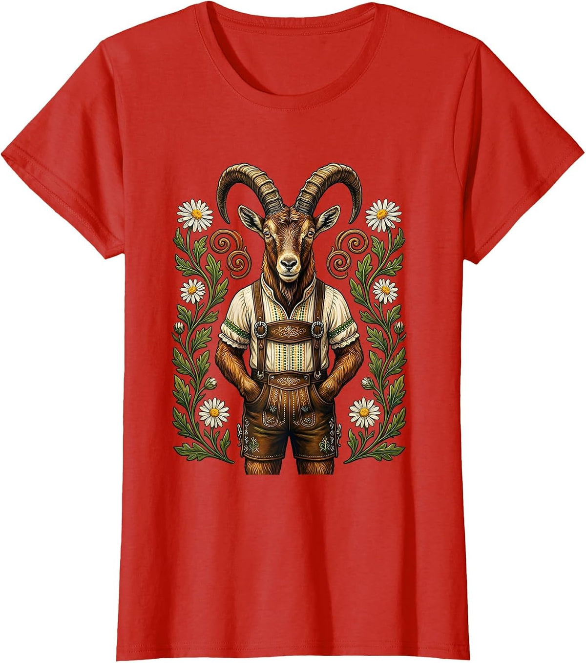 Mountain Goat Lederhosen Funny Bavarian Design T-Shirt - Red