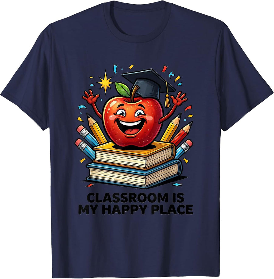 Classroom Is My Happy Place Second Grade Teacher T-Shirt - Navy Blue
