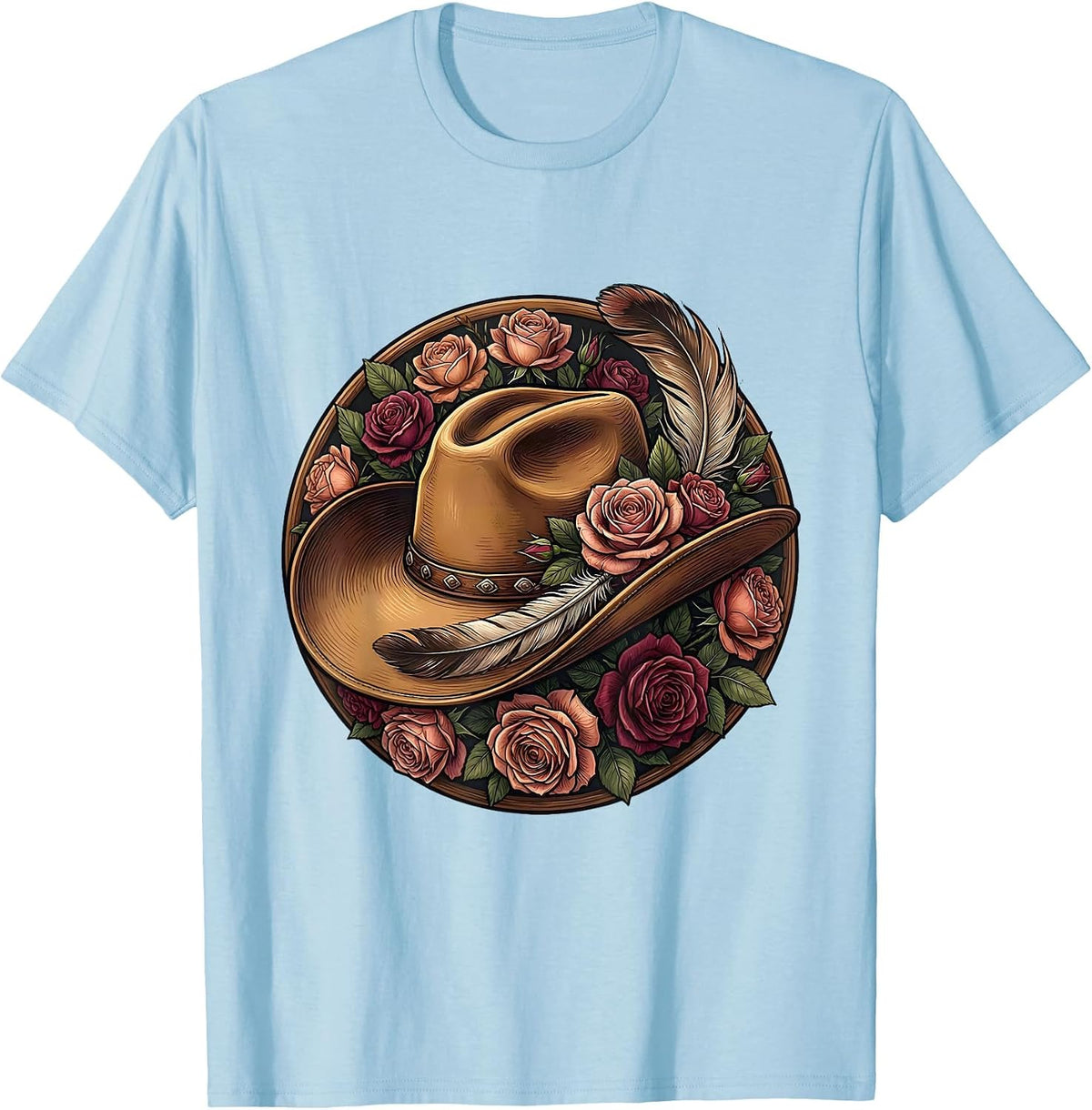 Men's Cowgirl Hat Feather and Roses Rodeo Design T-Shirt - Baby Blue