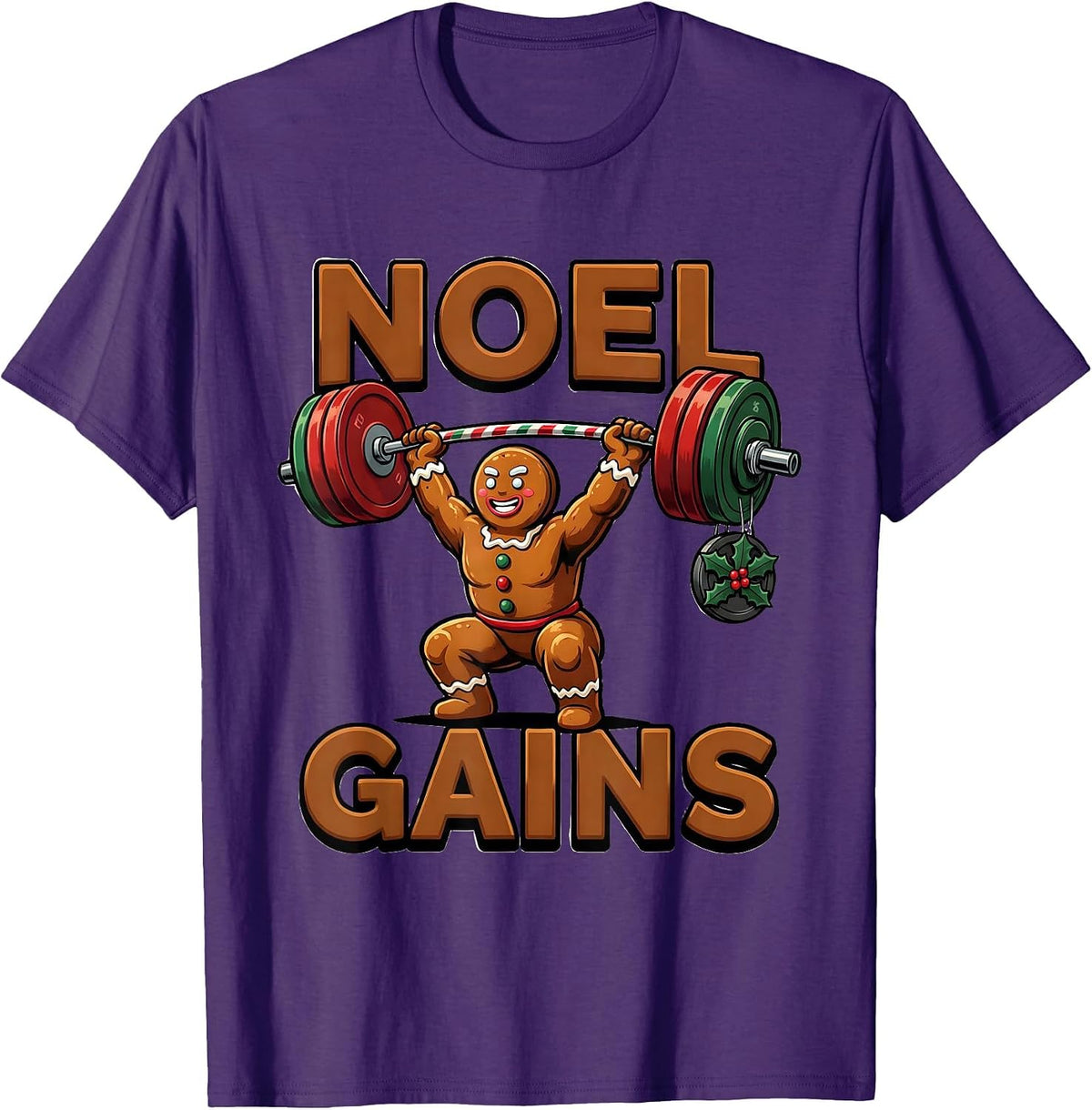 Men's Noel Gains Funny Gingerbread Man Gym Weightlifting Christmas T-Shirt - Purple