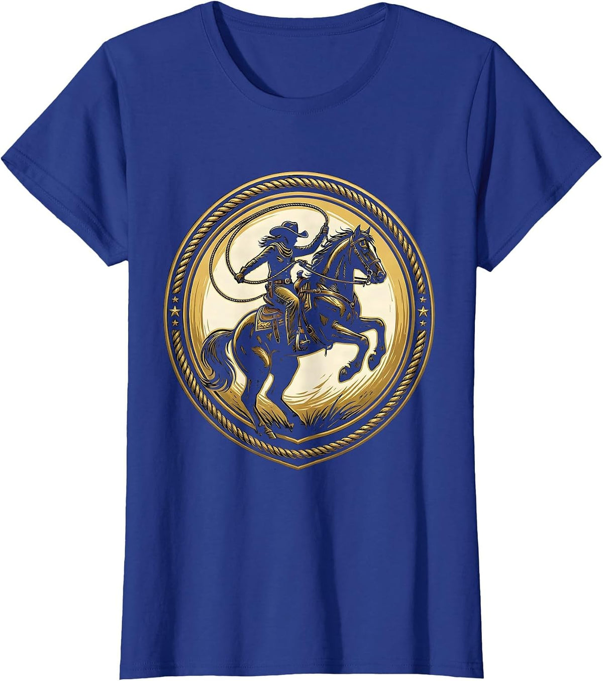 Women's Cowgirl Rope Trick Horseback Western Rodeo Art T-Shirt - Royal Blue