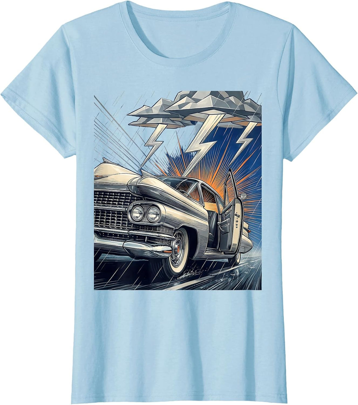Car Door Open in Thunderstorm Graphic Tee T-Shirt - Baby Blue