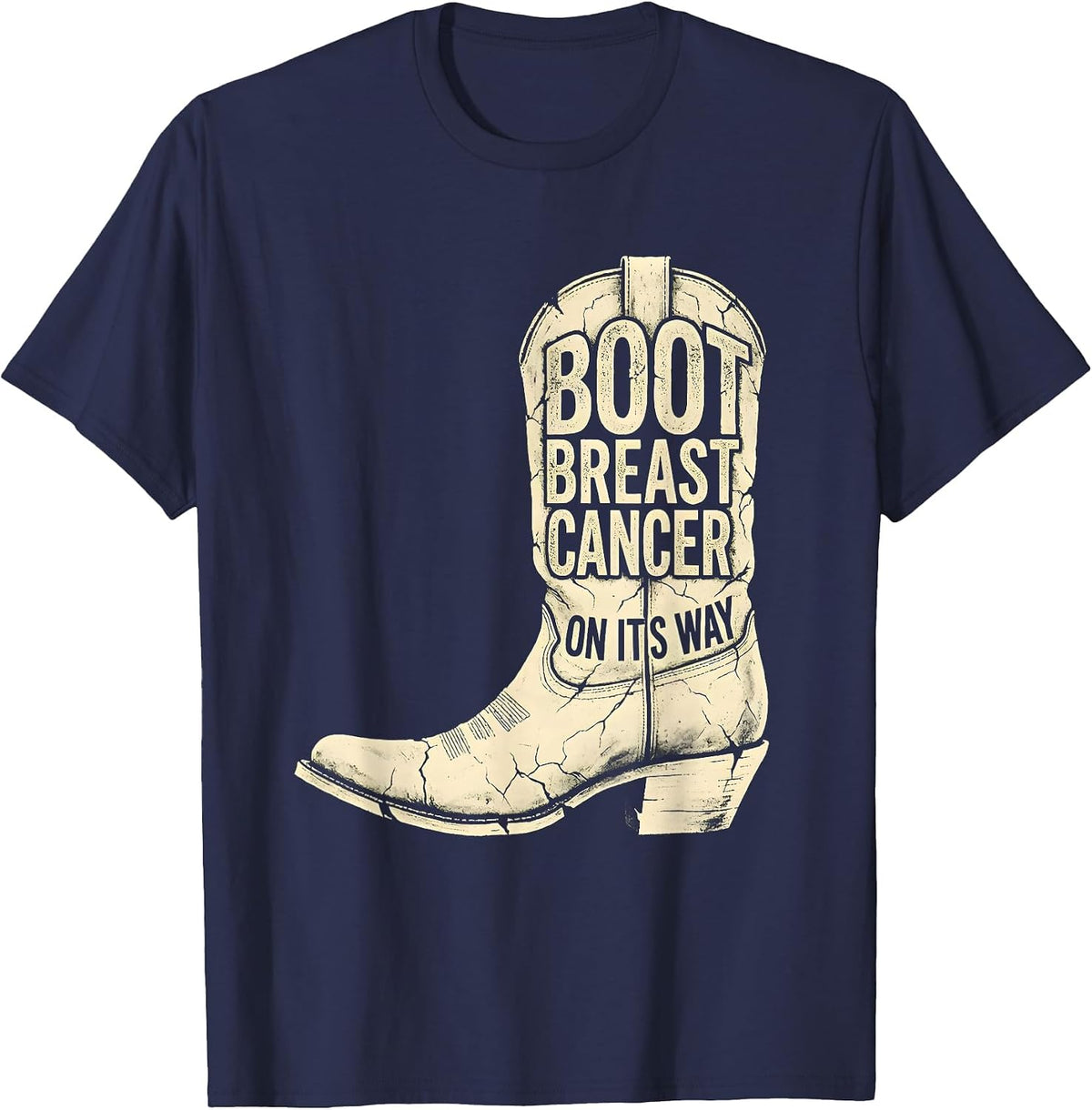 Men's Boot Breast Cancer On Its Way Boho Western Cowgirl Support T-Shirt - Navy Blue