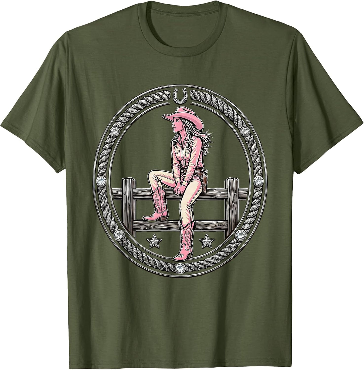 Cowgirl on Fence Rail Rodeo Arena Illustration T-Shirt - Olive Green