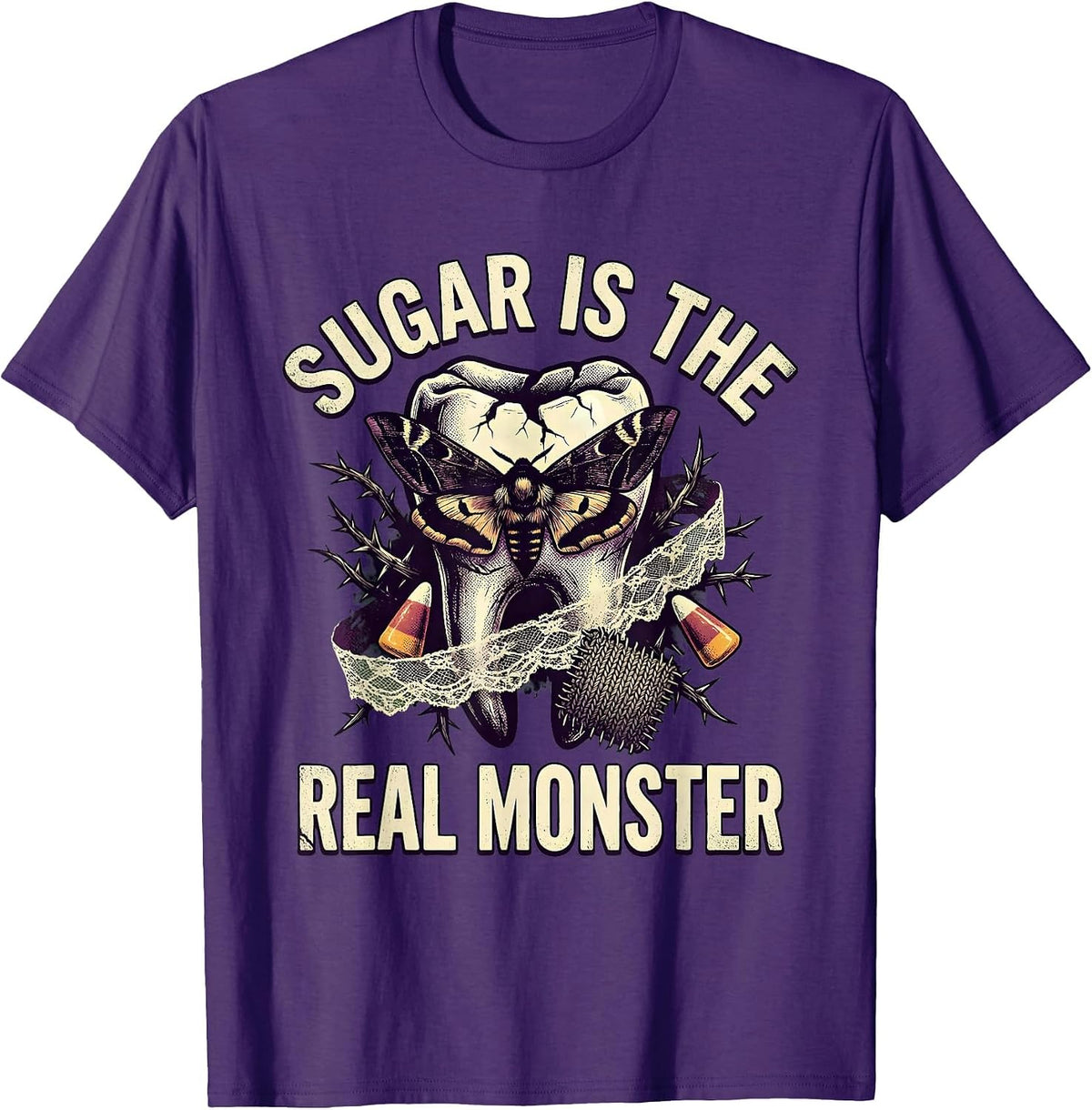 Sugar Is the Real Monster Dental Halloween Design T-Shirt - Purple