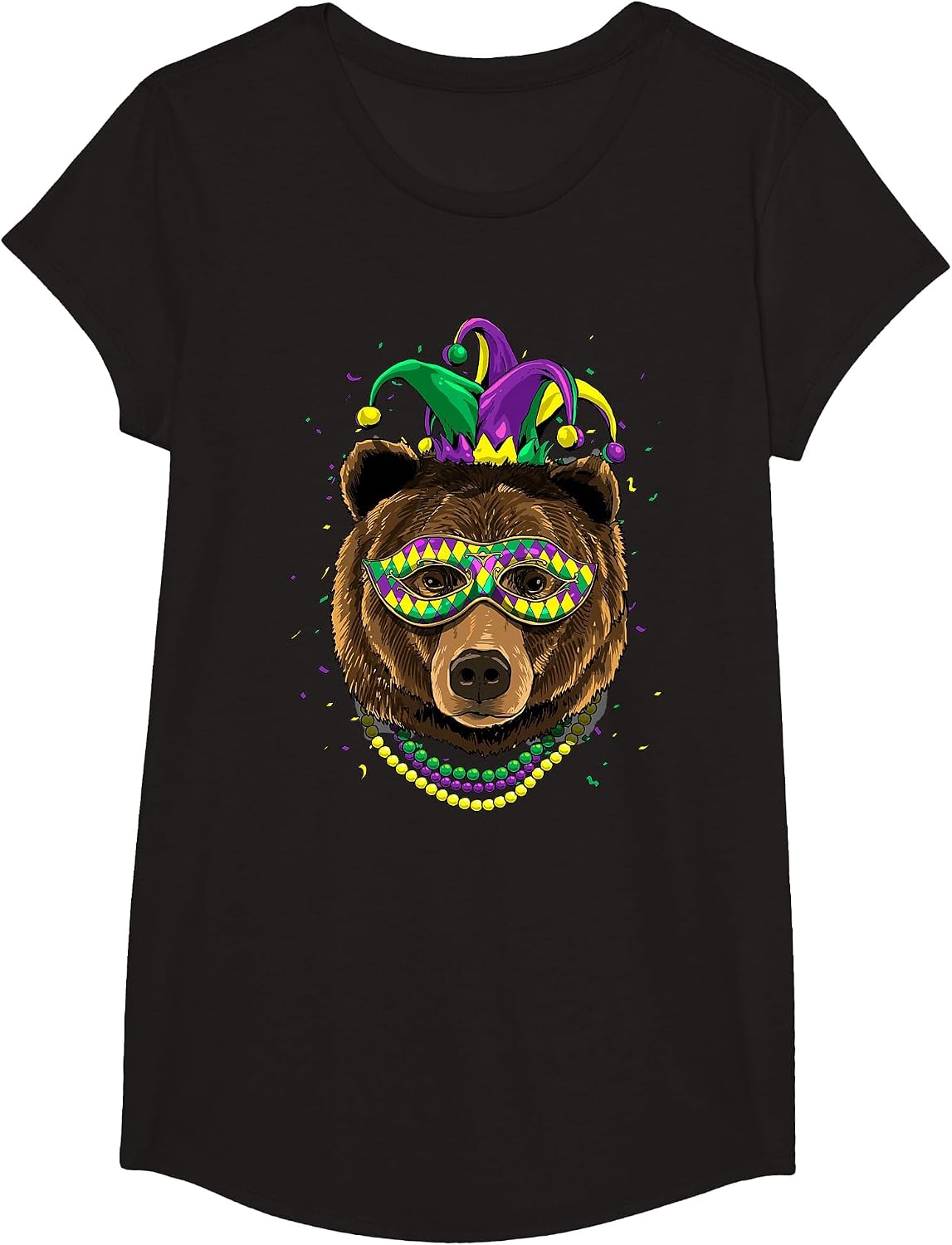 Bear Animal Lover Cute Mardi Gras Carnival Jester T-Shirt, Girls, Black, X-Small - As Pictured