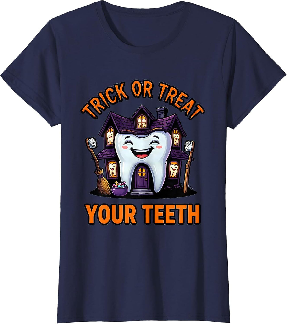 Women's Trick Or Treat Your Teeth Funny Dentist Halloween Costume T-Shirt - Navy Blue