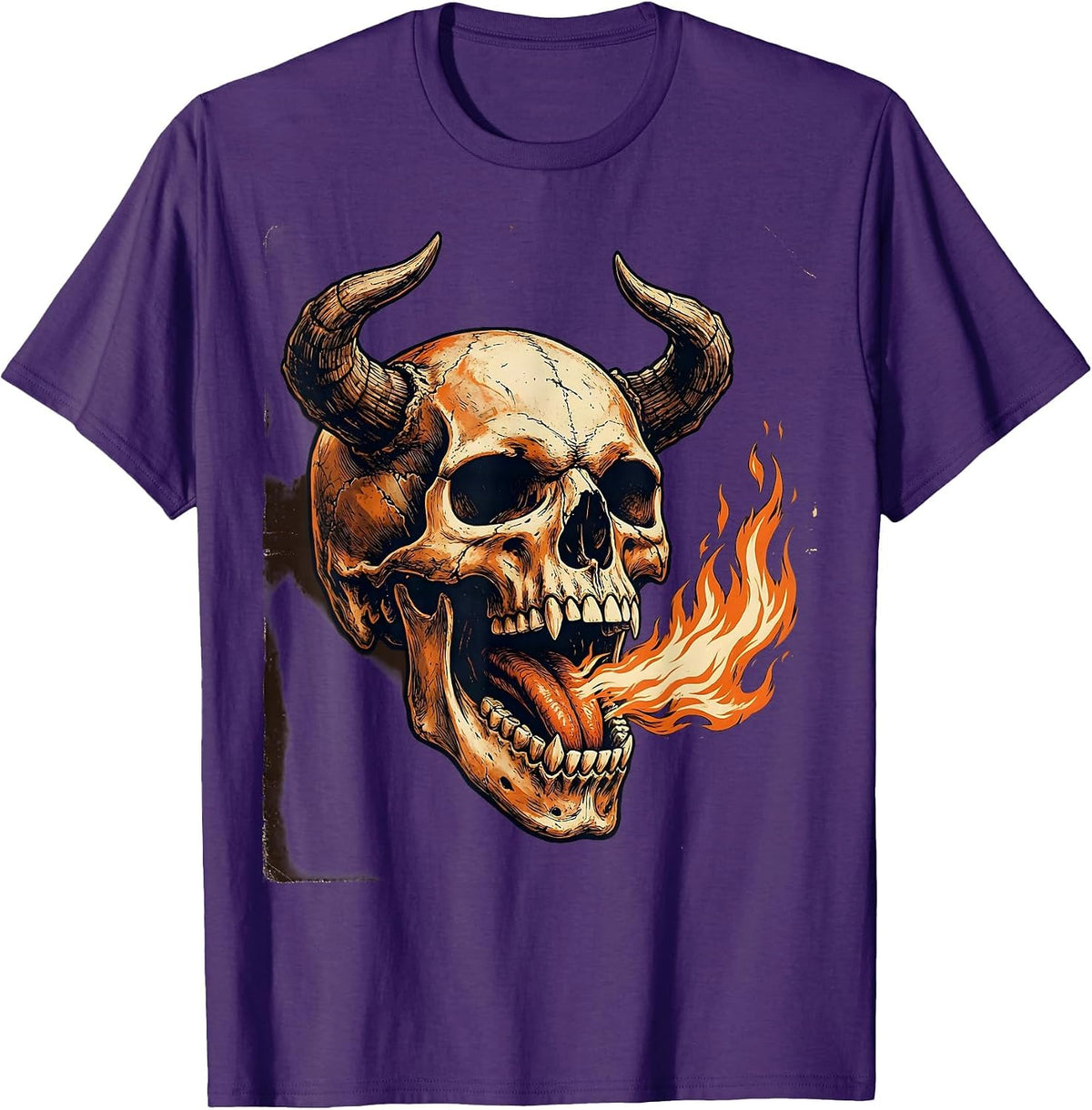 Men's Horned Demon Skull Fire Breathing Dark Art Design T-Shirt - Purple