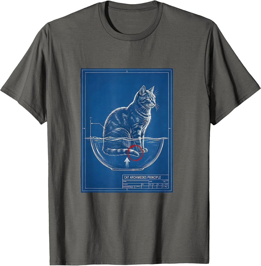 Cat Archimedes Principle Funny Science Cat Teacher Student T-Shirt - Asphalt Grey
