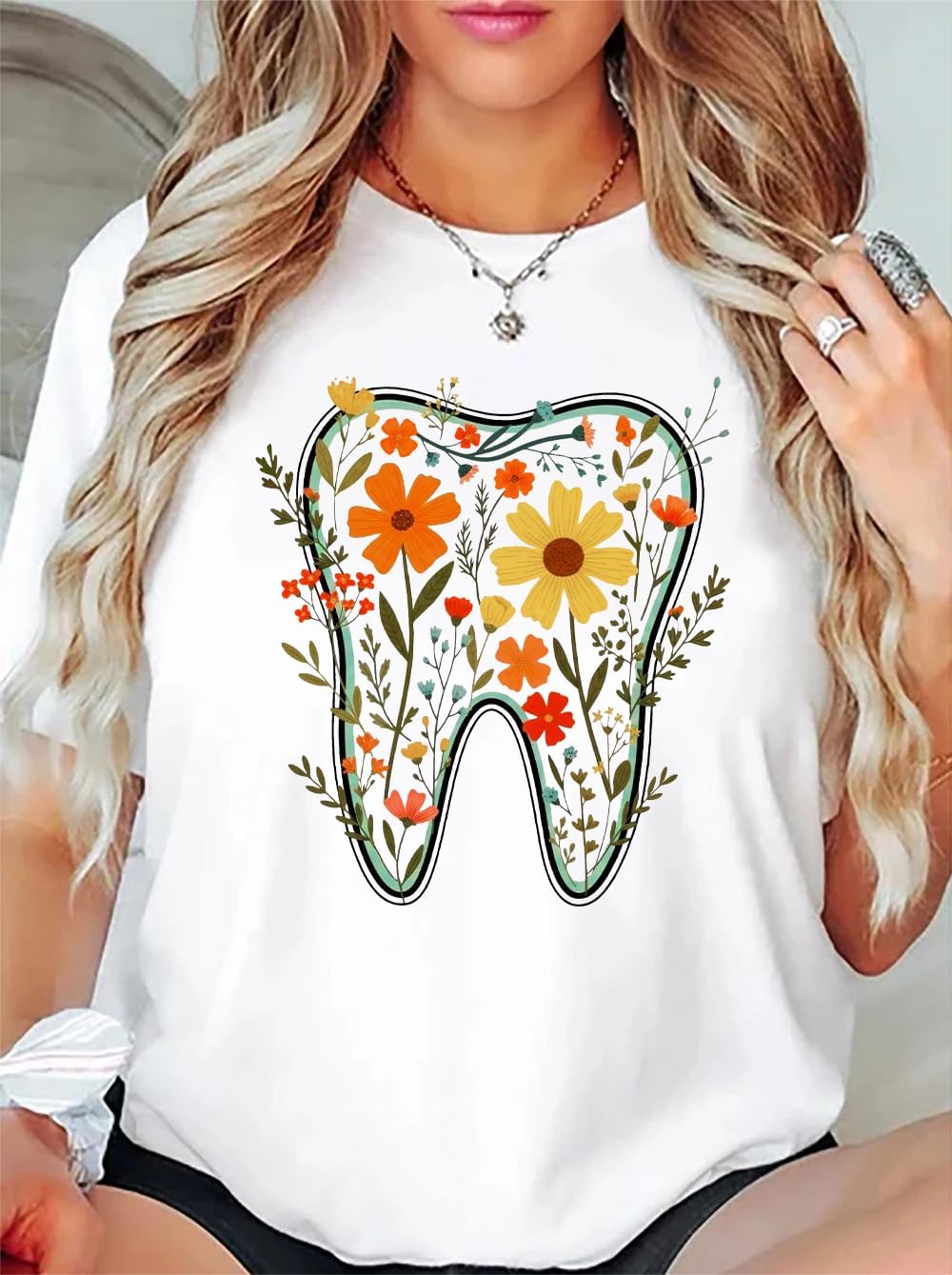 Floral Tooth Shirt V Neck Dental Assistant Shirt Dental Shirts for Women Funny Floral Graphic Tees Tops - size chart