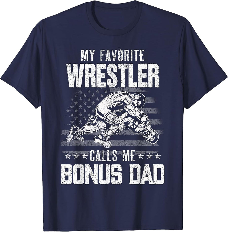 Wrestling My Favorite Wrestler Calls Me Bonus Dad Xmas T-Shirt - Navy Blue