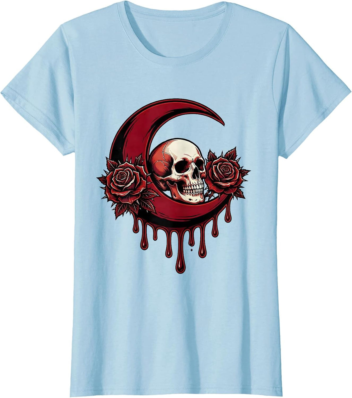 Crescent Moon Dripping Blood Horror Graphic T-Shirt - Baby Blue