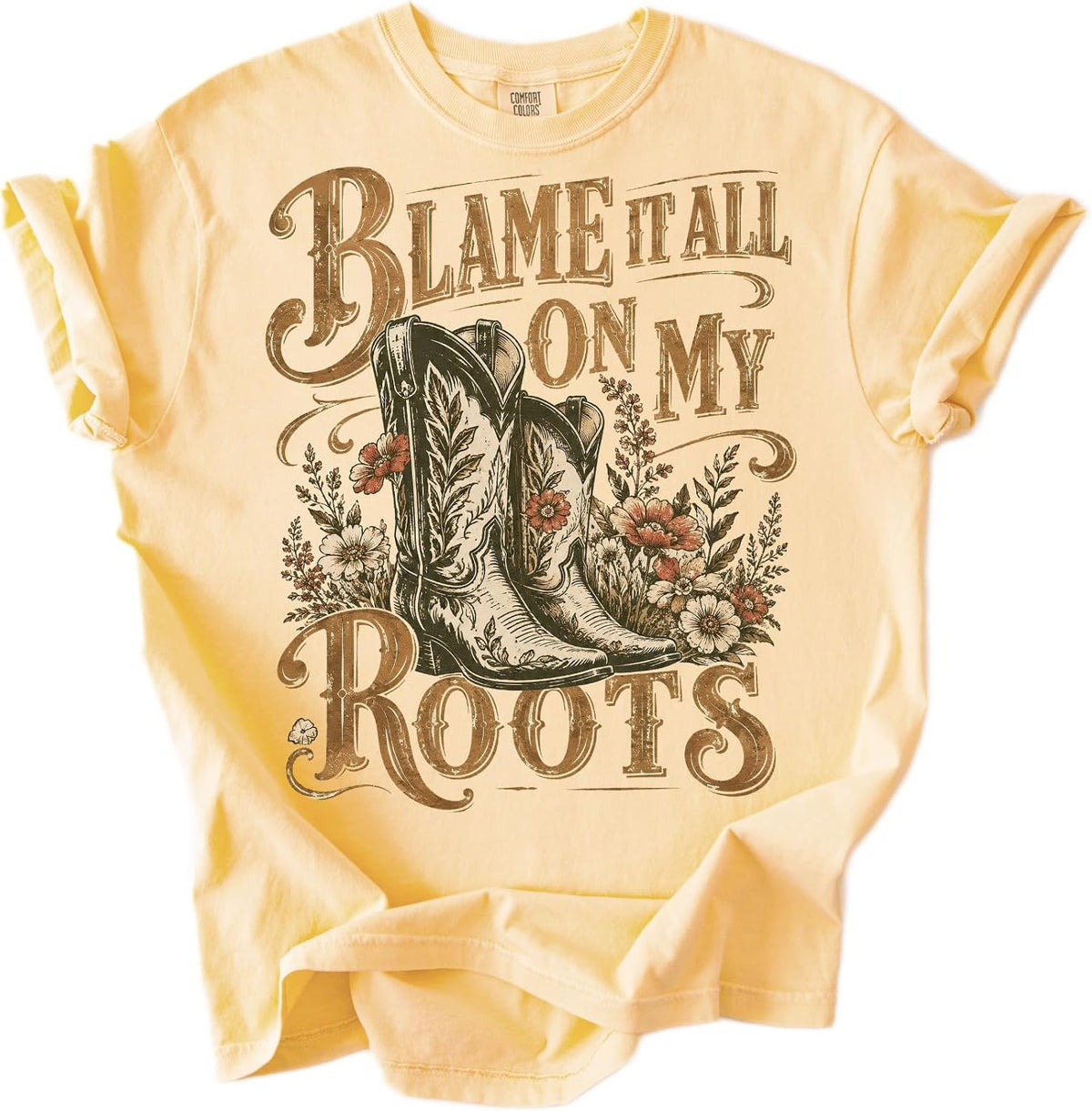 Western Roots Cowboy Boots Floral Graphic T-Shirt Vintage Country Style Tee for Women - Butter