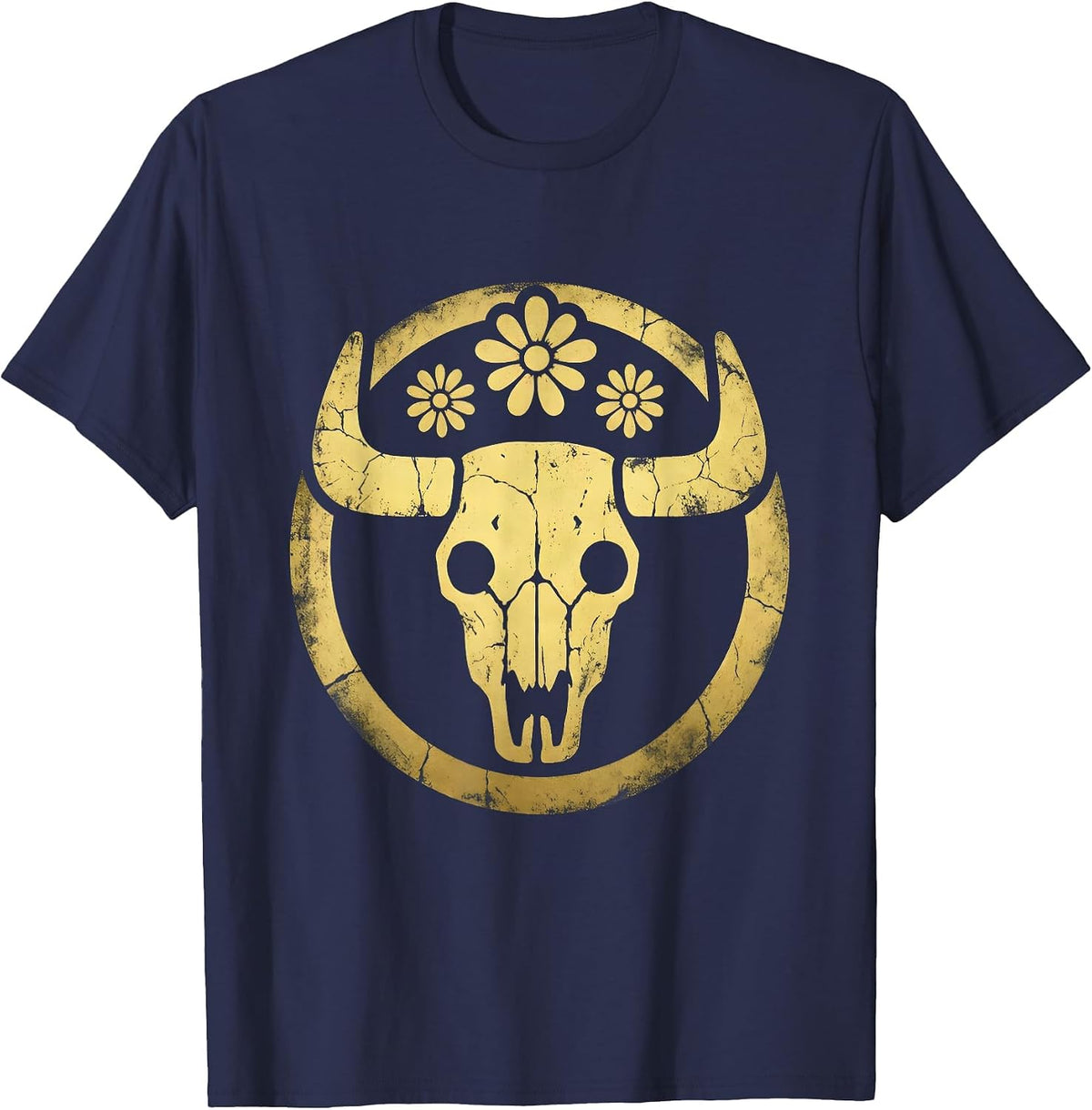 Cow Skull Floral Crown Boho Western Illustration T-Shirt - Navy Blue