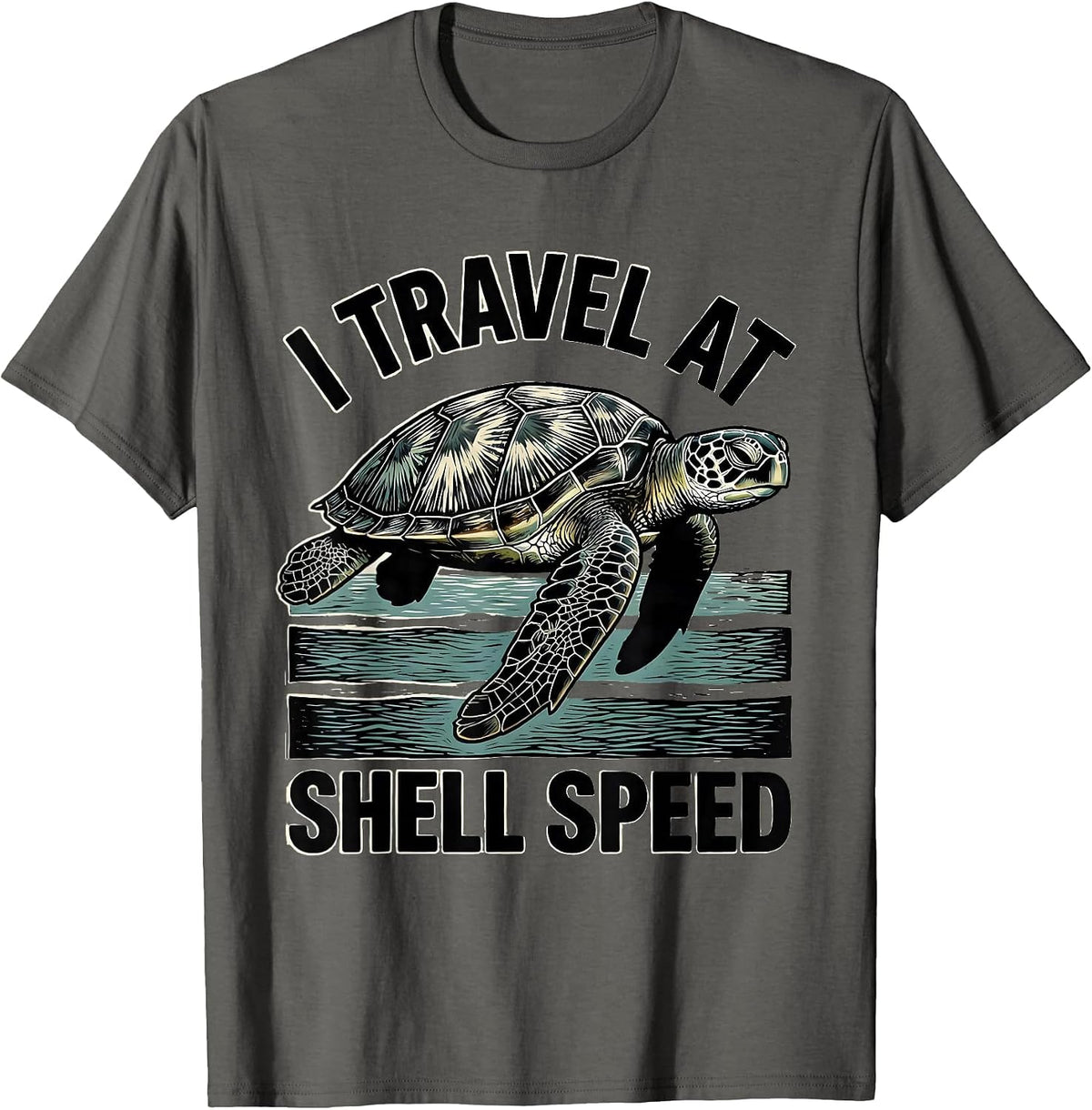 Men's I Travel At Shell Speed Woodcut Engraving Sea Turtle Lover T-Shirt - Asphalt Grey