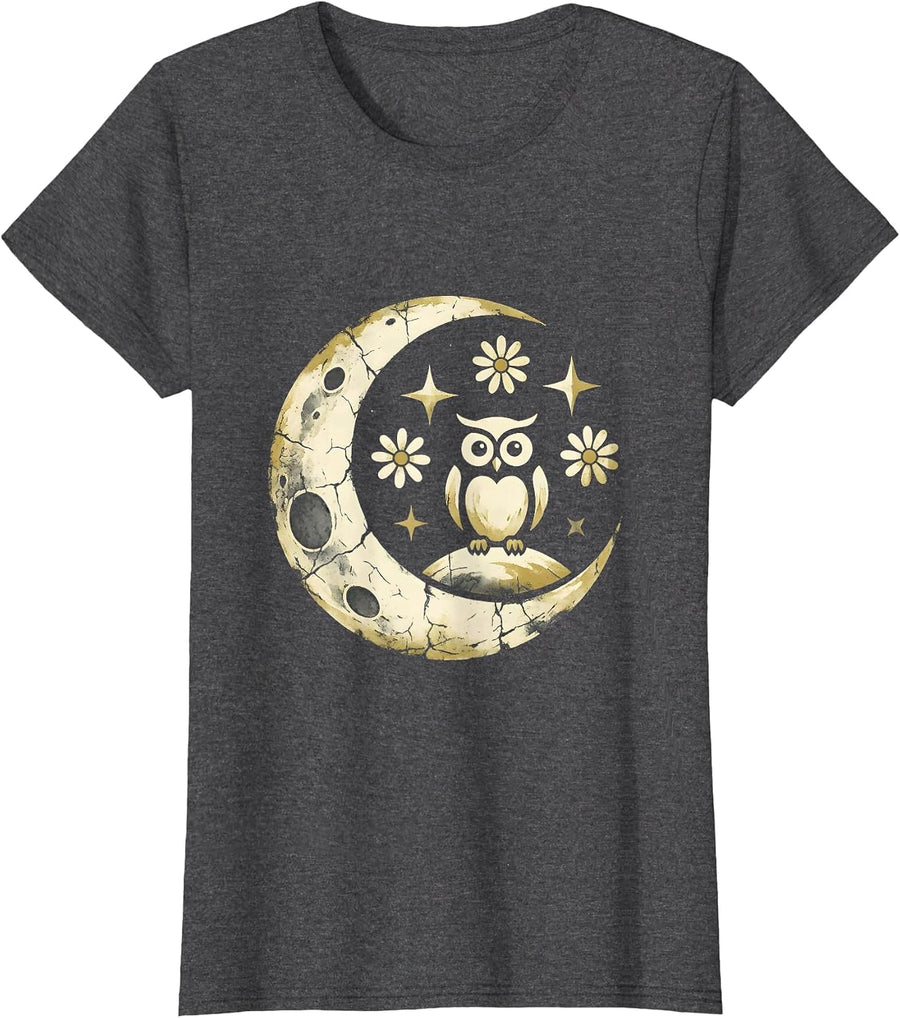 Women's Owl on Observatory Dome Starry Night Illustration T-Shirt - Dark Heather Grey