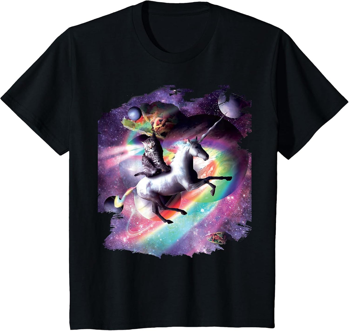 Space Cat Riding Unicorn - Laser, Tacos and Rainbow T-Shirt - Black
