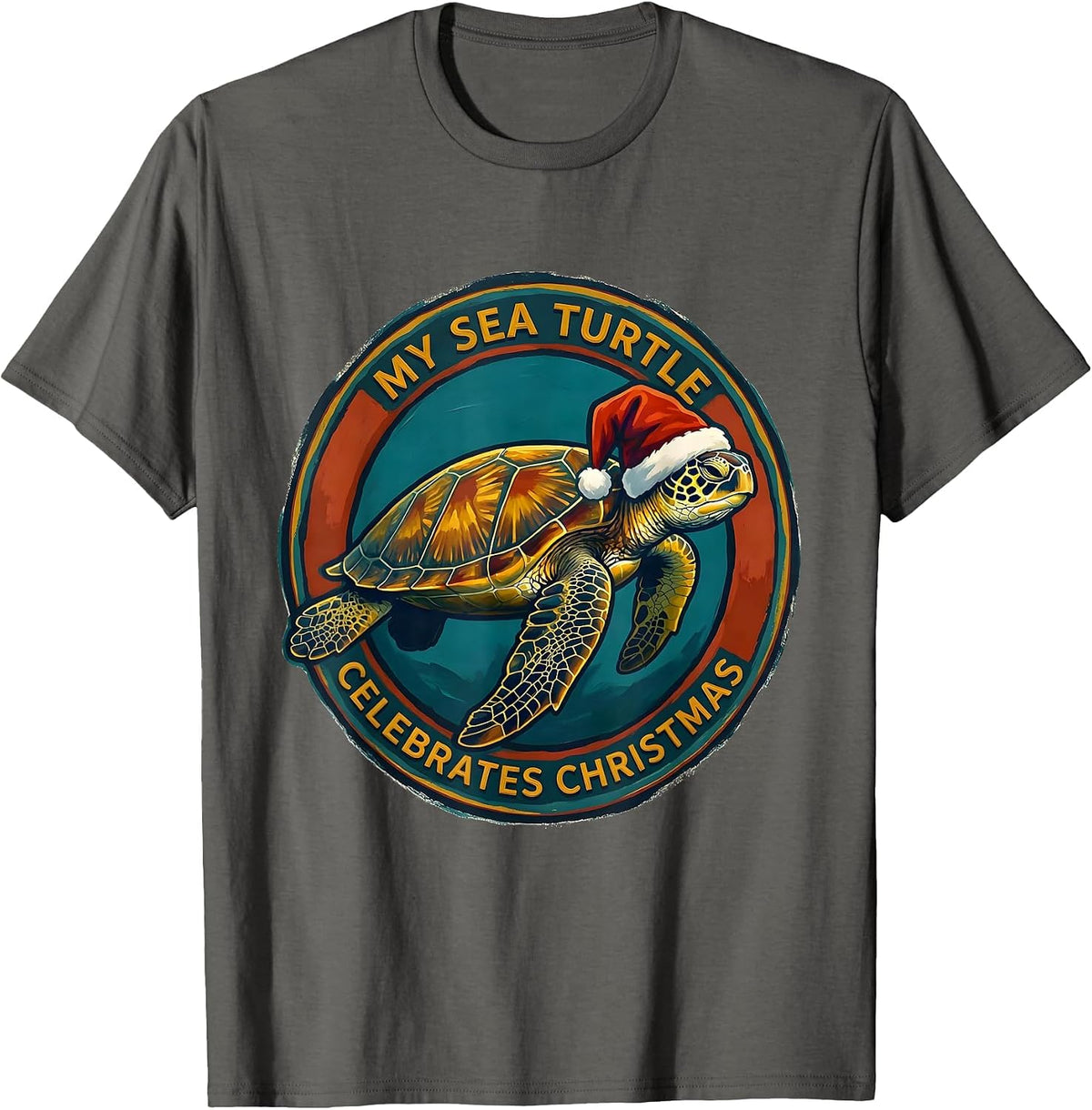 My Sea Turtle Celebrates Christmas Funny Sea Turtle T-Shirt - Asphalt Grey