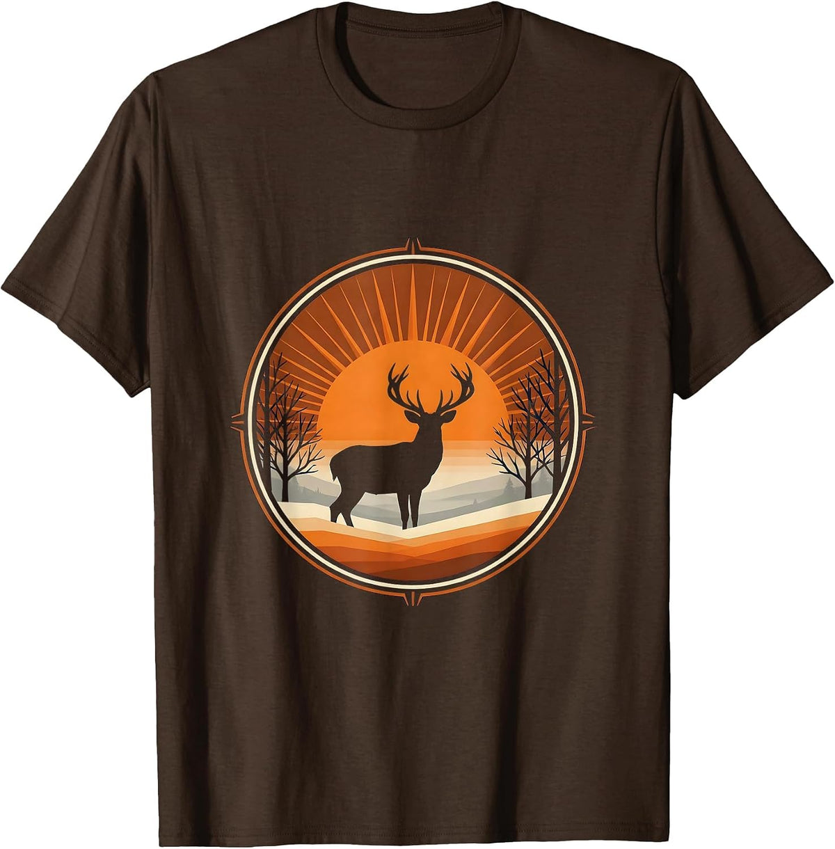 Buck Deer Silhouette Misty Dawn Hunting Design T-Shirt - Brown