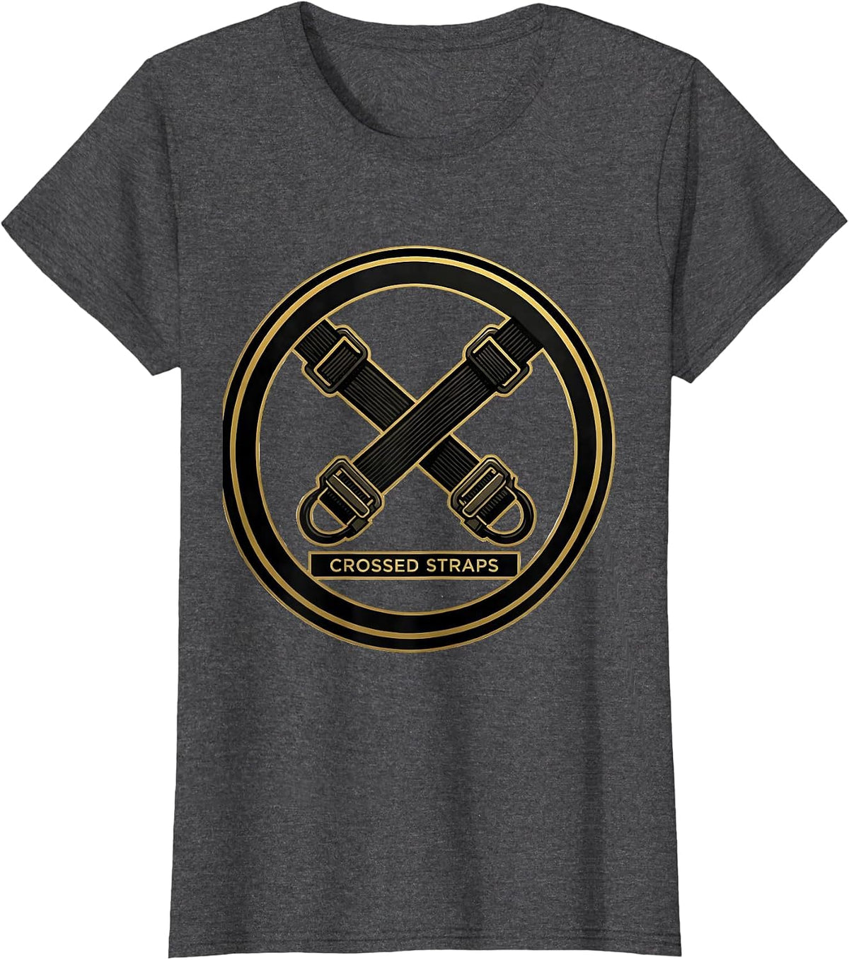 Women's Costume Crest Crossed Straps Funny Gym Workout Halloween Pun T-Shirt - Dark Heather Grey