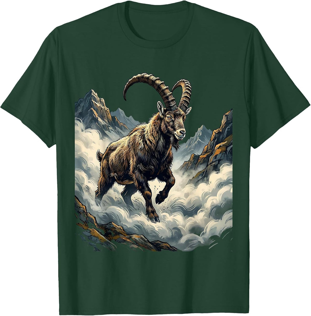 Goat Emerging From Mountain Fog Illustration T-Shirt - Dark Green