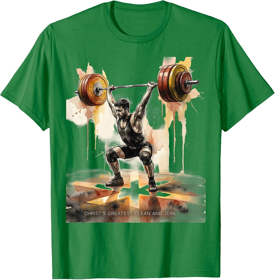 Men's Christ's Greatest Clean and Jerk Funny Christian T-Shirt - Kelly Green