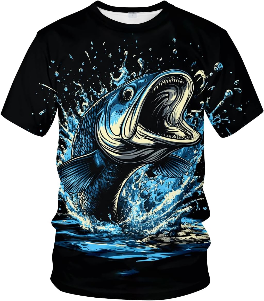 Funny Fishing Graphic T-Shirt Novelty Short Sleeve Crewneck Shirt - Black
