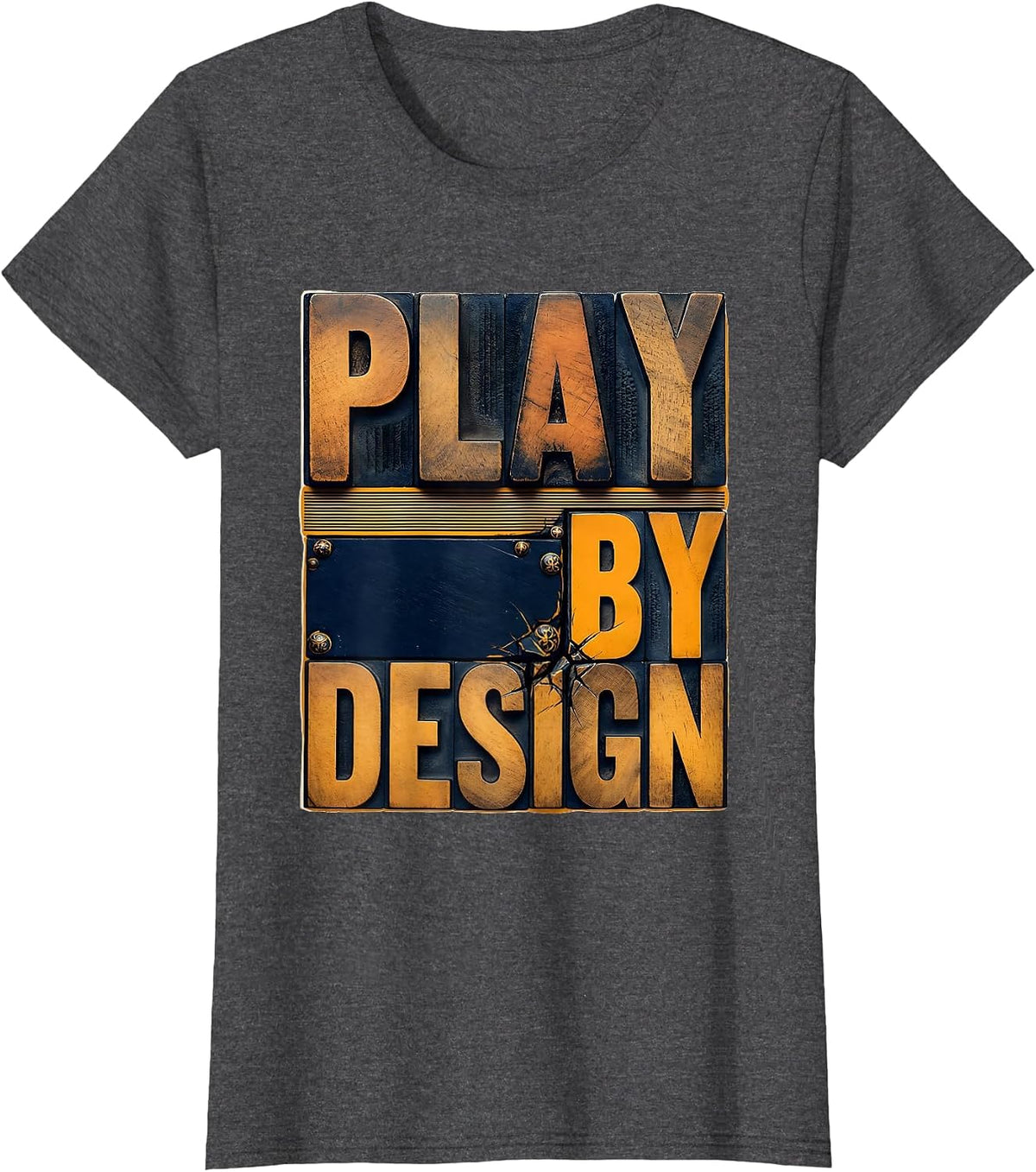 Women's Play By Design Wood Type Letterpress Preschool Teacher Back T-Shirt - Dark Heather Grey