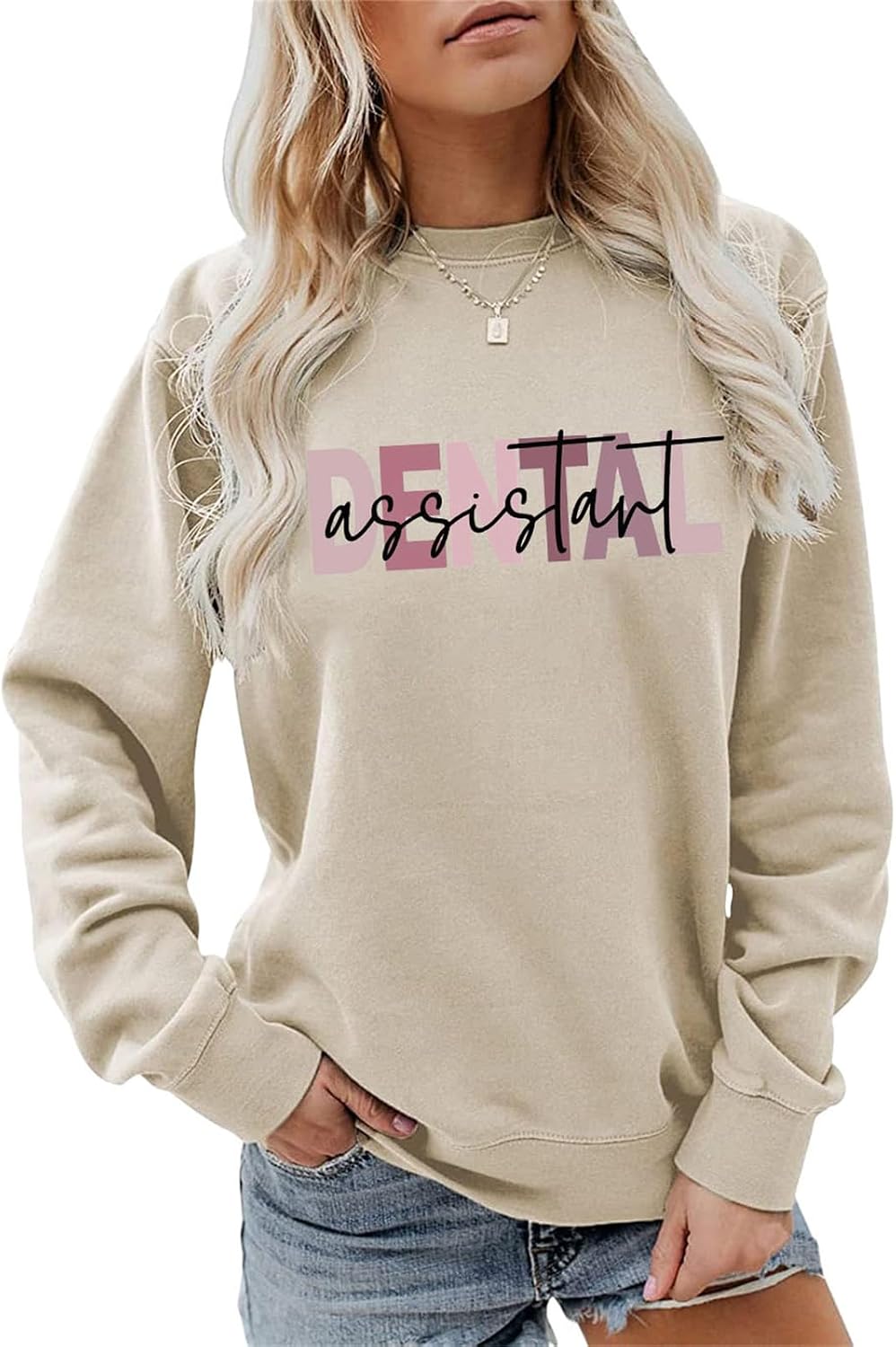 Dental Assistant Sweatshirt Dental Hygienist Sweater Dentist Shirt Women Casual Long Sleeve Funny Graphic Pullovers - Khaki