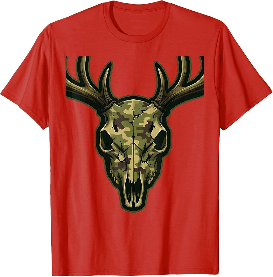 Men's Deer Skull Camo Pattern Hunting Graphic T-Shirt - Red