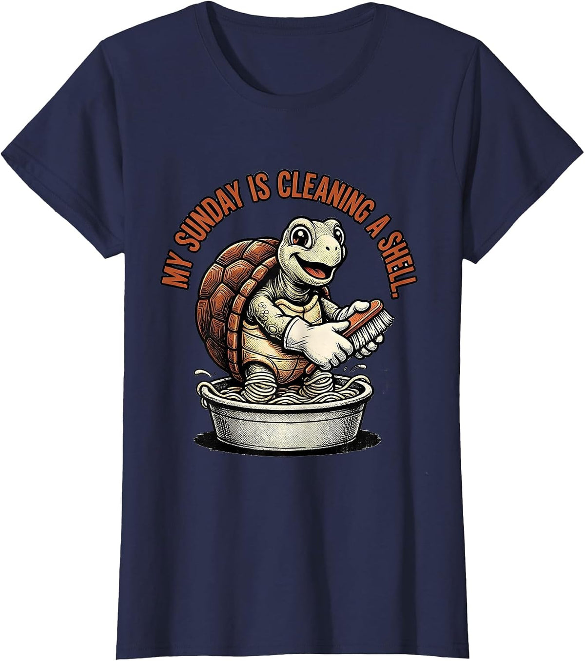 Women's My Sunday Is Cleaning A Shell Retro Cartoon Turtle Lover T-Shirt - Navy Blue