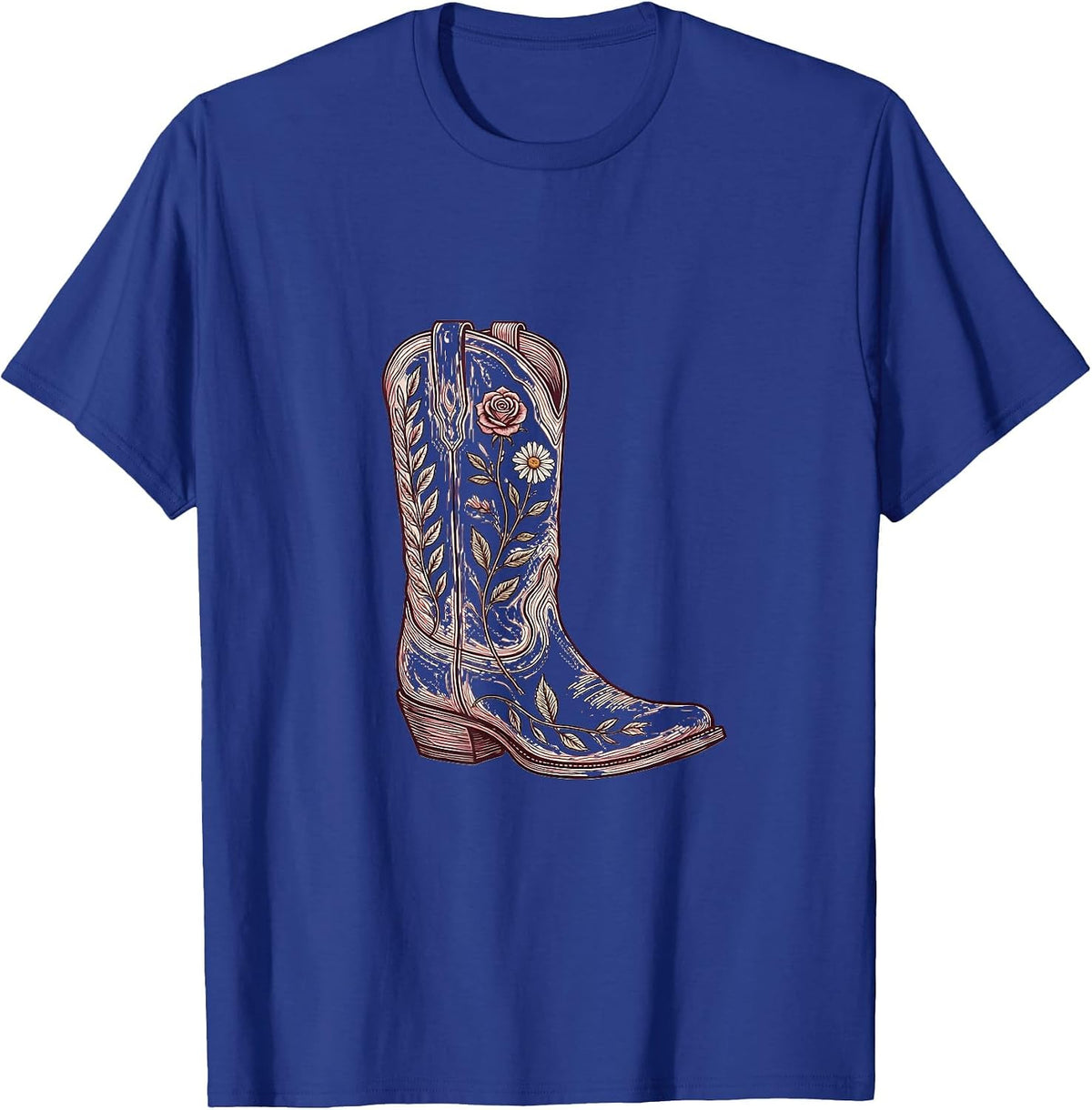 Cowgirl Boots Floral Embroidery Western Design T-Shirt - Royal Blue