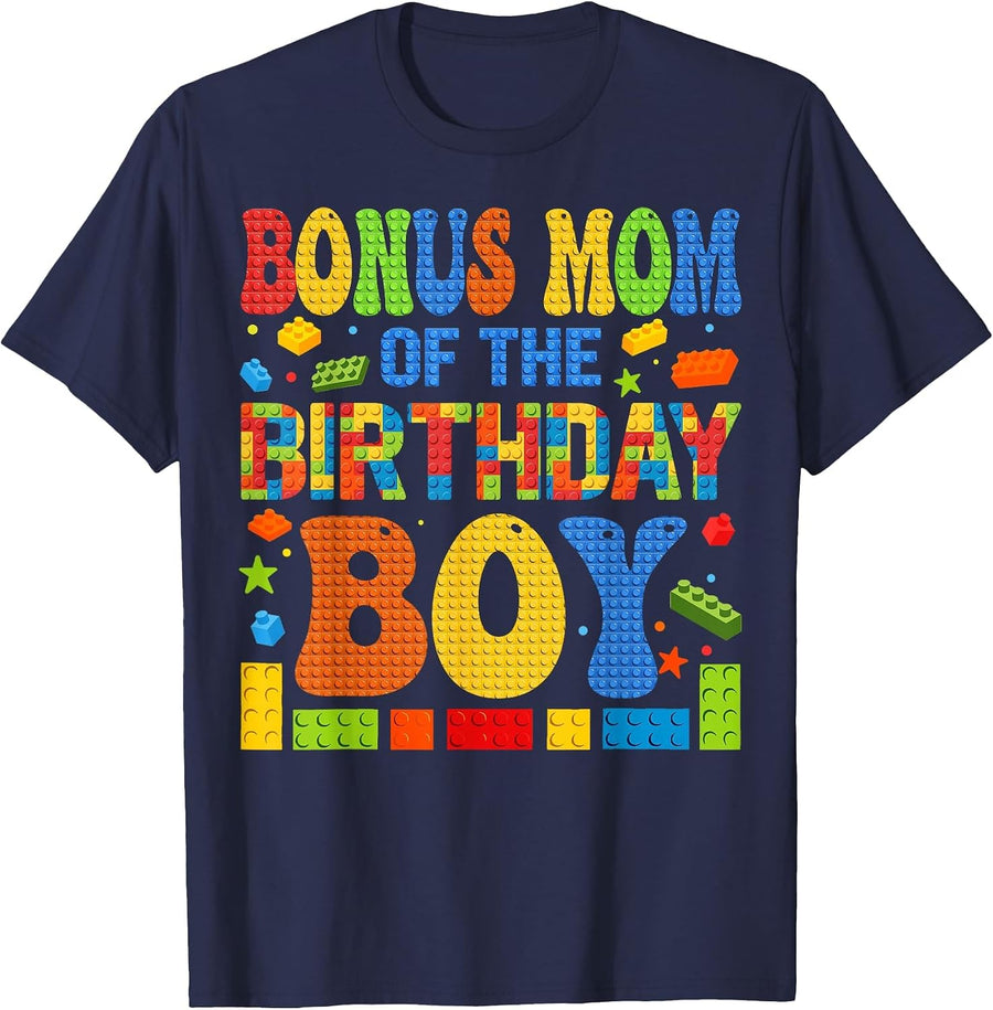 Bonus Mom of The Birthday Boy Building Block Birthday Party T-Shirt - Navy Blue