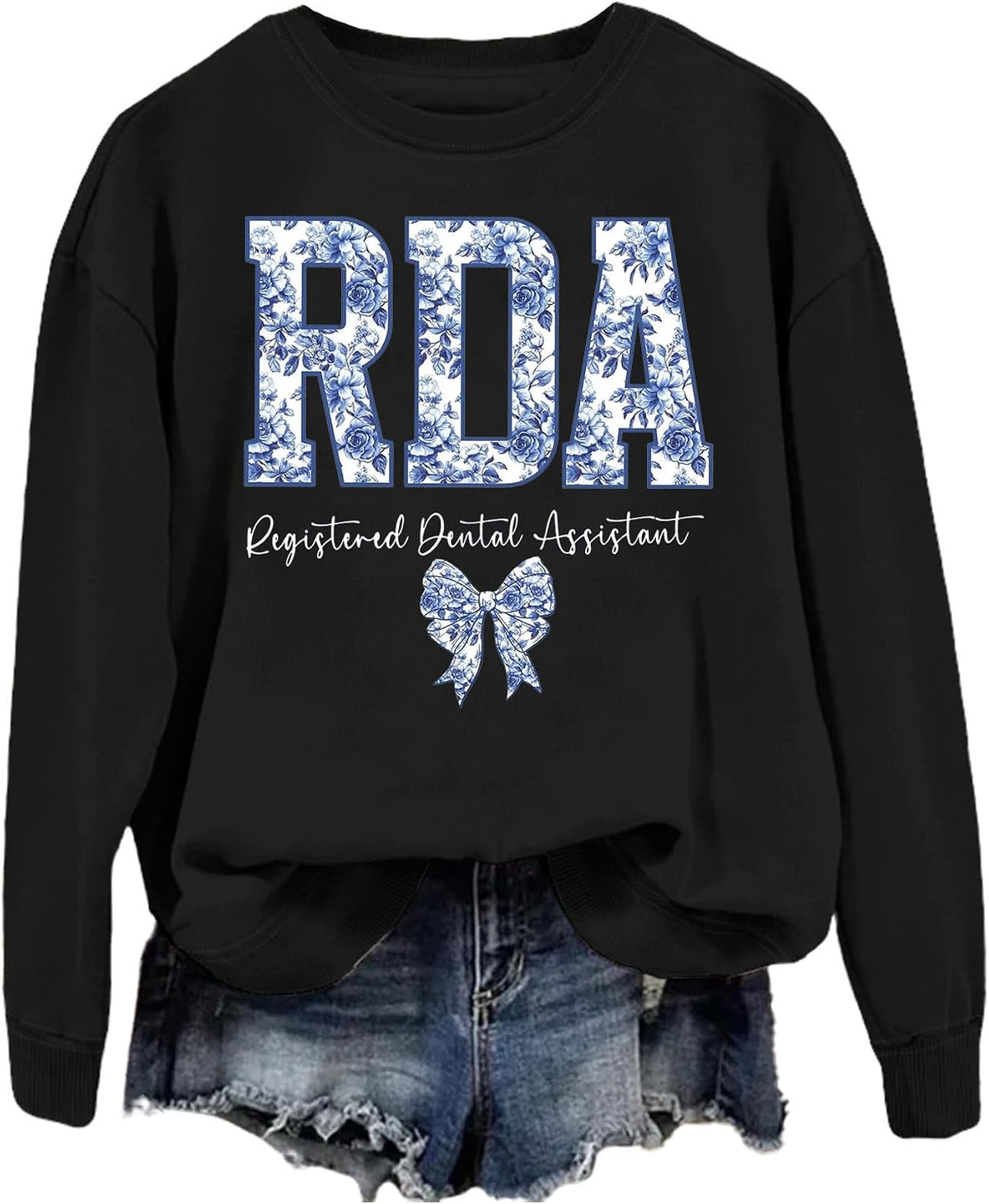 SAUIVD RDA Registered Dental Assistant Sweatshirt for Women Flower Dental Shirt Dentist Gifts Long Sleeve Pullover Tops -